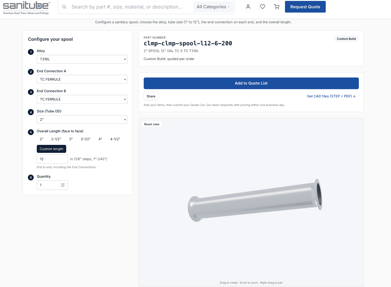 Sanitube Smart Fitting Builder: spool options, generated part number, Add to Quote List and a live 3D model
