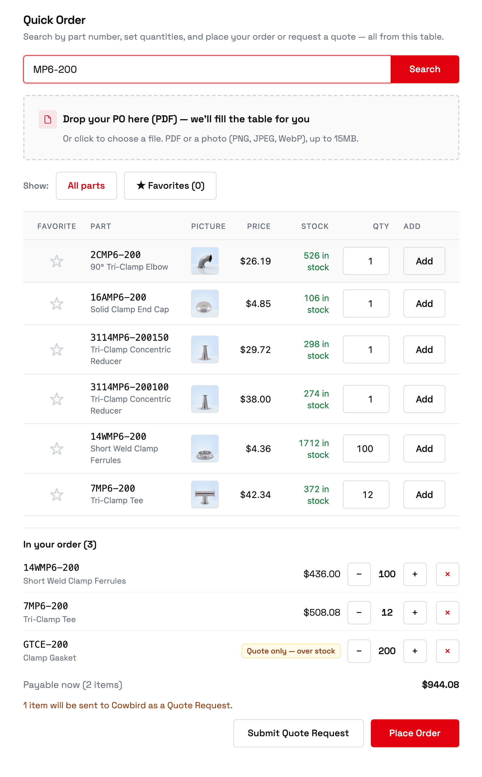 One-page order form: part number search, PO drop zone, price and stock per line, Place Order and Submit Quote Request